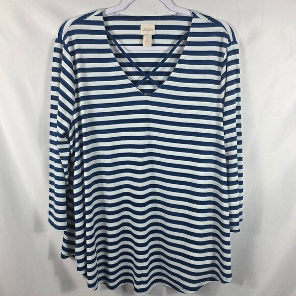 Chico's Size 2 Striped Caged Knit Top Women's Size Large Blue & White Stripe - Picture 1 of 13